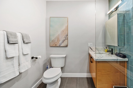 Downstairs bathroom with glass enclosure.