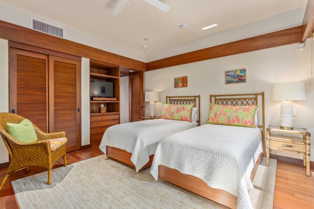Fourth Bedroom w/Two Twin Beds (can convert to a King Upon Request), Flat Screen TV, Sliding Doors to Outdoor Shower Garden & Ensuite Bath.