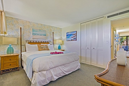 Unwind in island comfort at Kaanapali Shores 544’s cozy bedroom retreat.