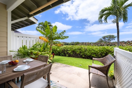 Enjoy a meal or a drink on the lanai while taking in the lush garden views.