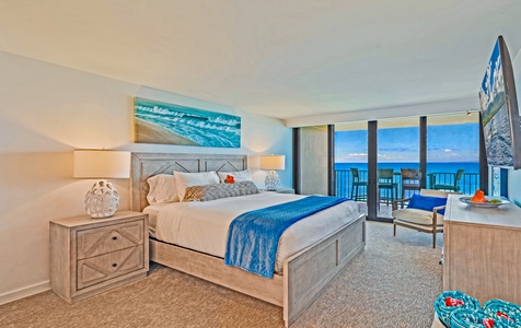 Enjoy breathtaking ocean views from Kaanapali Shores 702’s spacious lanai with comfy lounge chairs.