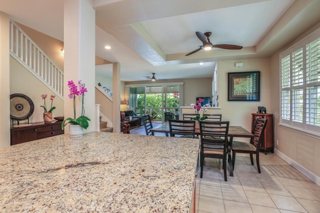 Seamless flow and connection from the kitchen, dining and living areas.