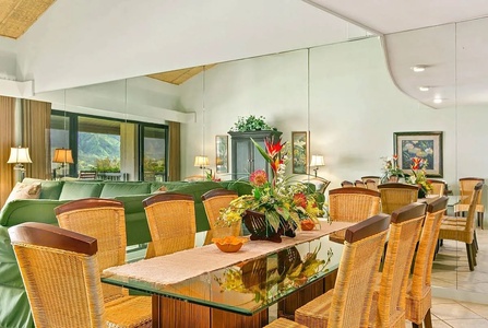 Gather and dine in the dining area with table for eight.