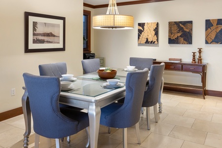Elegant dining setup for six at Ko Olina Beach Villas B610.