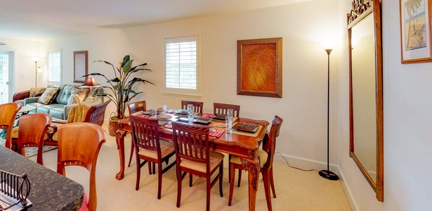 Rustic charm of the dining area with table for six.