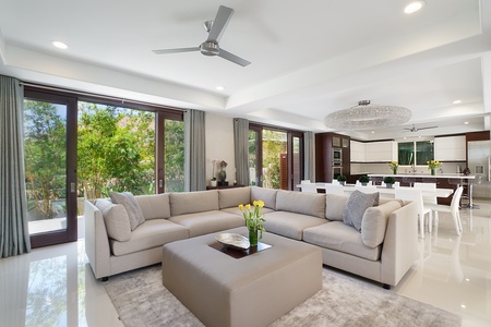 Bright and modern TV lounge—ideal for movie nights or relaxing after beach days.