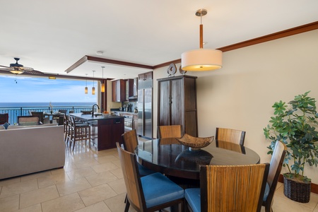 The dining area has dining table for six.
