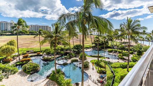 The Roy Yamaguchi designed kitchen with a lanai view.