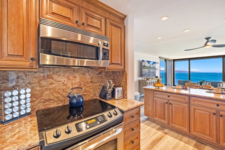 At Mahana 1118, prepare meals in a fully equipped kitchen with stunning ocean views.