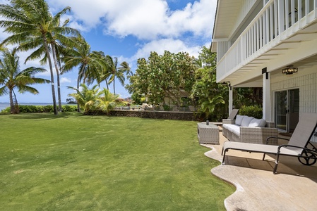 Spacious backyard with lush green lawn surrounded by tropical palms.