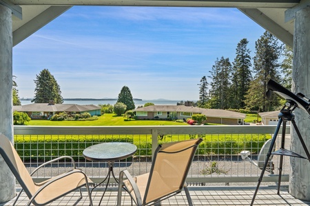 Stunning bay view captured from the Seashell Cottage's upstairs game room