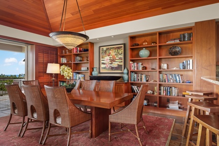 Closer view of formal dining table for 8, ideal for group gatherings.