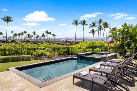 Tropical landscaping surrounds the pool and spa for serene outdoor living.
