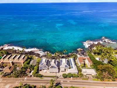 Aerial shot of the entire oceanfront community facing the deep blue Pacific.