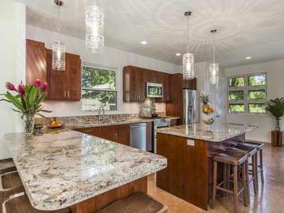 Beautiful granite counters with ample seating.