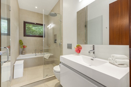 Guest bathroom with a sleek walk-in shower and double vanity, combining style and functionality.