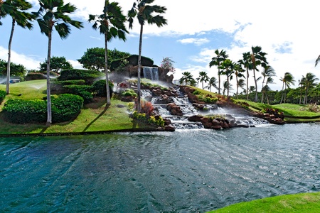 The 12th green beautiful waterfall.