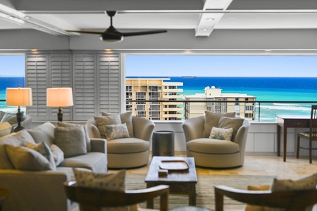 Spend your days enjoying the view of calm waters and golden sands of neighboring Kaimana Beach, just from your home's balcony.