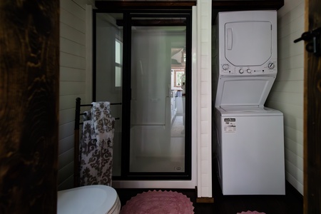 Washer/dryer beside the walk-in shower.