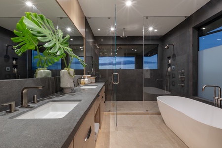 This luxurious bathroom combines sleek, modern design with spacious area that features a large freestanding bathtub and a walk-in shower with multiple showerheads