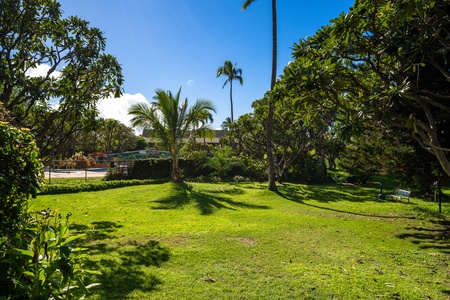 Stroll through the lush five-acre grounds filled with palms, open lawns, and tropical plants.