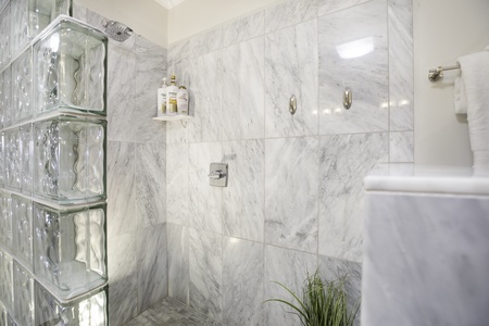 Luxurious walk-in shower surrounded by sleek marble finishes.