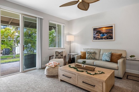 Sink into the plush seating in the living area after a fun day at the beach
