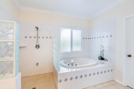 The soaking tub and the separate walk-in shower