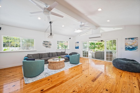 Media room with a large deck that has a birds eye view of the pool!