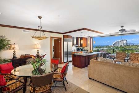 The decorative dining room with soft lighting and comfortable seating.