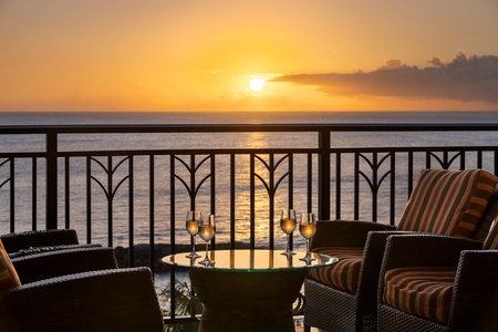 Enjoy the sunset views from the lanai, a nice spot for a fun family time at Ko Olina Beach Villas B610.