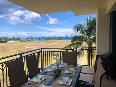 Dine on the lanai at Ko Olina Beach Villas O425 while soaking in stunning island views.