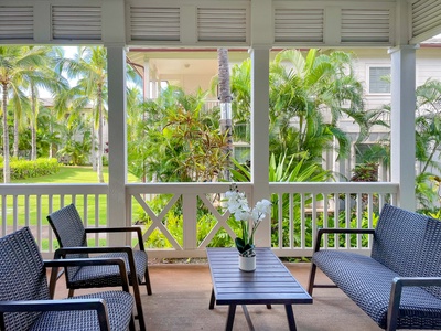 The tranquil backyard where you can relax and dine on the lanai.