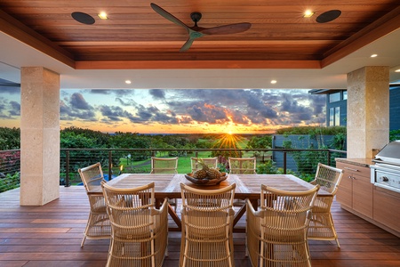 Savor breathtaking sunset dinners on the outdoor dining lanai with comfortable seating good for eight.