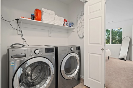 Keep things fresh during your stay with the in-home laundry room, featuring a full-size washer and dryer for added convenience.