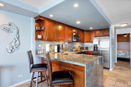 Fully-stocked kitchen with ample counter space for a convenient meal prep.