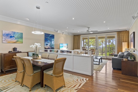 The dining table seats up to four guests