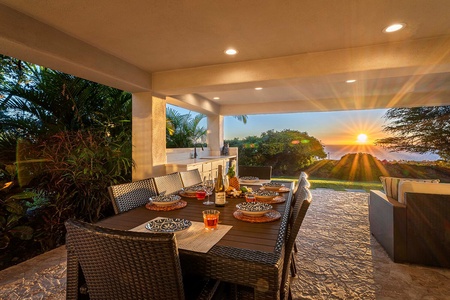 Dine al fresco at the lanai table while enjoying panoramic twilight views and tropical breezes.