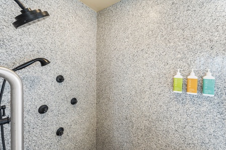 Indulge in your private spa-like shower with luxurious rainfall head, body jets, and premium amenities for the ultimate relaxation experience.