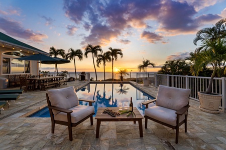 Dine al fresco by your private pool as golden hour paints the sky, with tropical palms swaying and the ocean stretching endlessly before you.