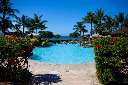 The beautiful view of the  five heated pools which include a family pool, and adult pool, a lazy river, a lagoon, and a water slide.