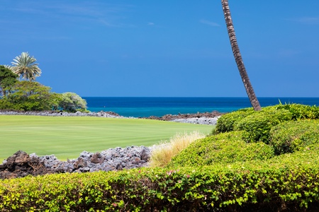 Endless beautiful views such as pristine tropical golf course meets azure ocean waters, framed by swaying palms and lush volcanic rock formations.