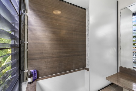 A modern bathtub with wood accents and frosted glass for a serene bathing experience.