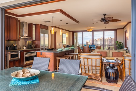 The kitchen and living area with an open floor plan.