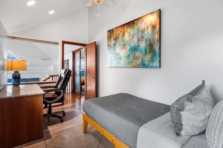Loft twin bed offers flexible sleeping for families or remote workers needing extra space.