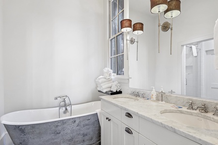 Downstairs, Primary Bathroom Vanities and Soaker Tub