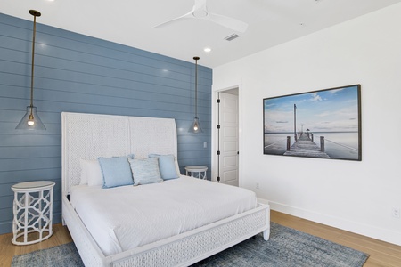 The primary bedroom has a private bathroom and King bed, sleeps 2