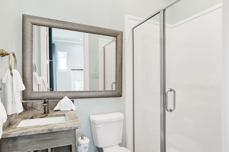The private bathroom features a walk-in shower