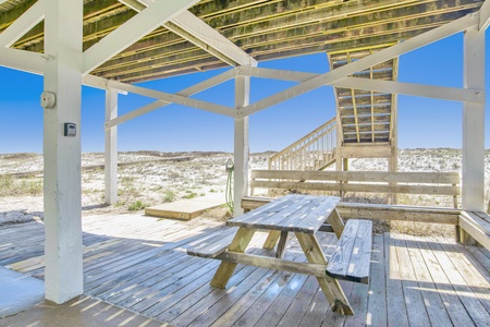 Picnic table under the deck