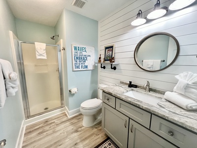 Hello Waves: 1st floor hall bathroom with a walk-in shower